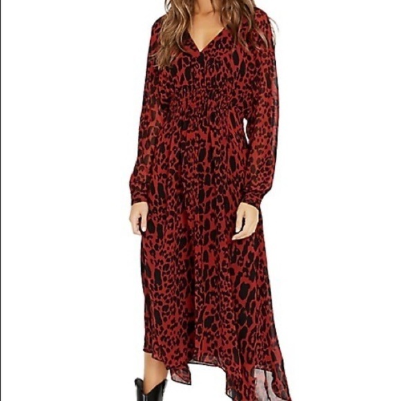 Buffalo David Bitton V-neck Red & Black Animal Print Midi Dress XS Date Night - Picture 1 of 9